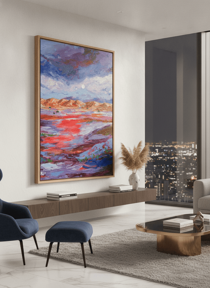 Monumental artwork centred on a feature wall in a luxe interior