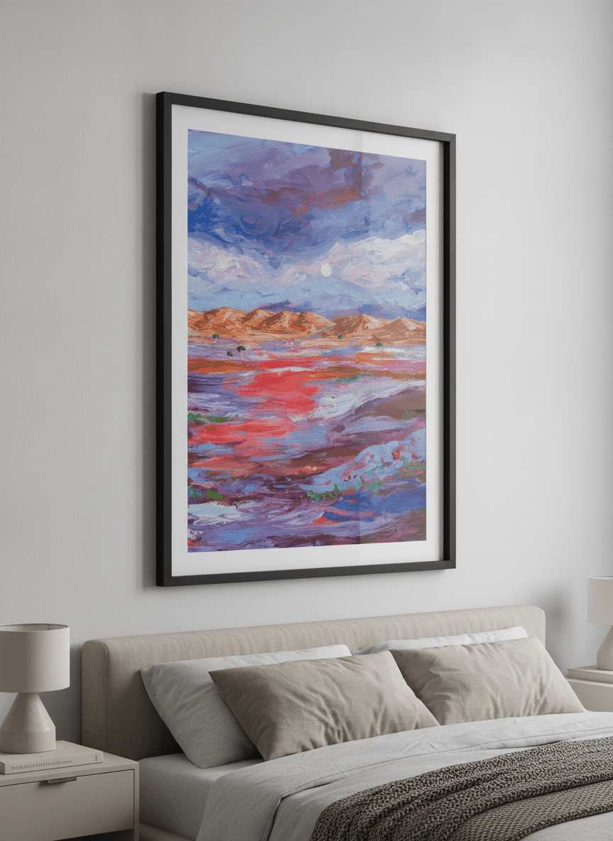 Minimalist artwork displayed in a calm, light-filled bedroom interior
