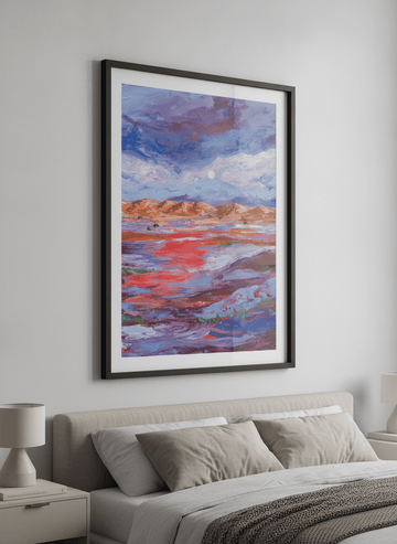 Minimalist artwork displayed in a calm, light-filled bedroom interior