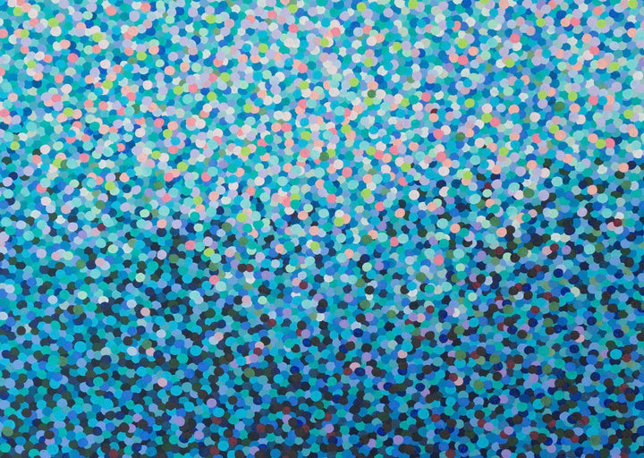 Colorful abstract pattern with dots on a blue background framed