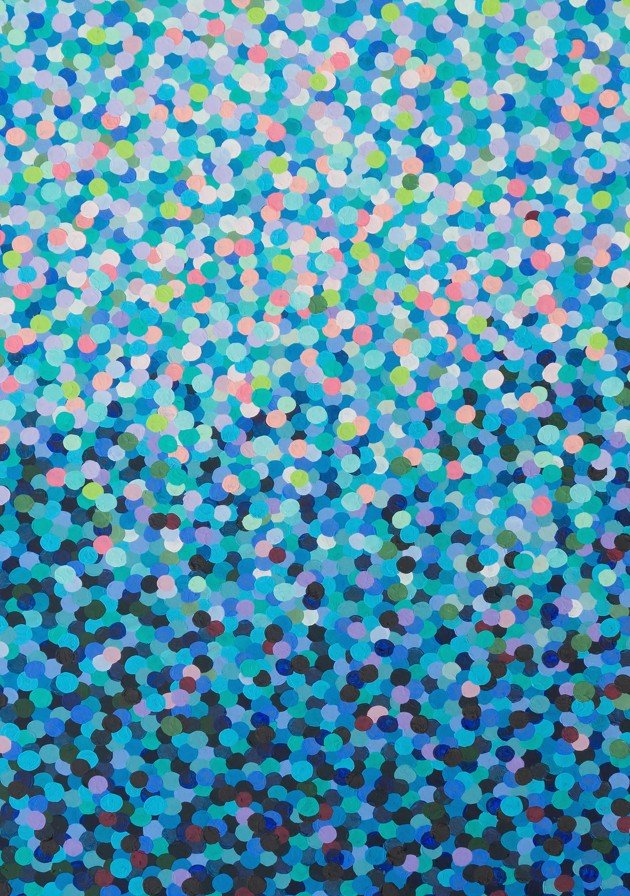 Pattern of multicolored dots on a blue background framed