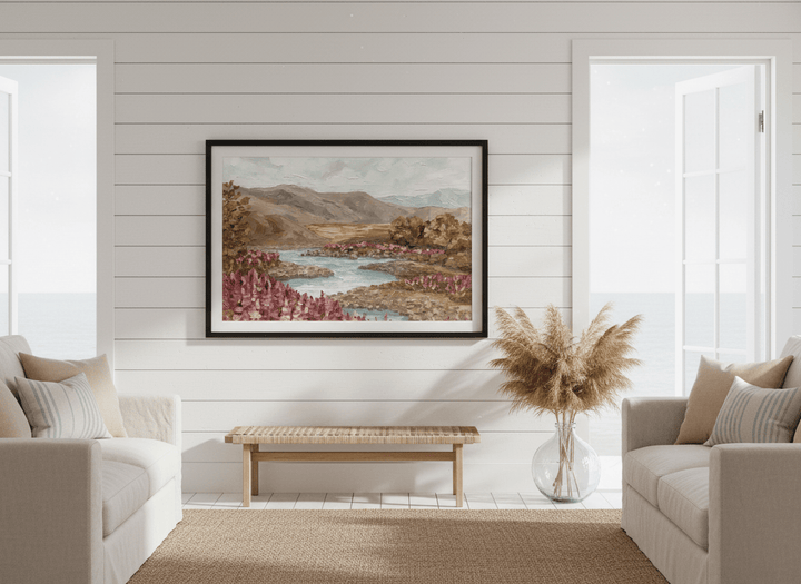 Neutral wall art displayed in a sunny coastal beach house