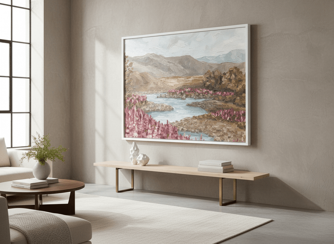 Monumental artwork centred on a feature wall in a luxe interior