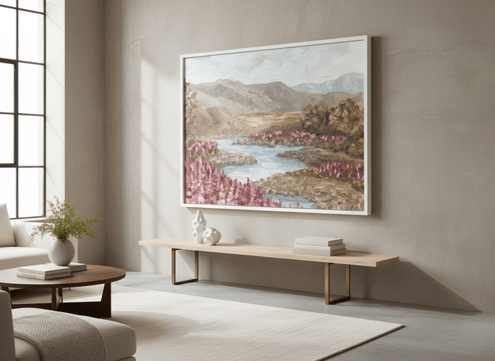 Monumental artwork centred on a feature wall in a luxe interior