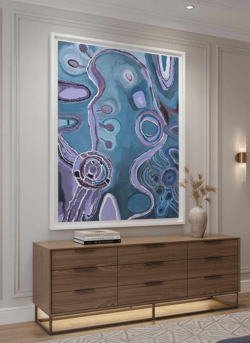 Monumental artwork centred on a feature wall in a luxe interior