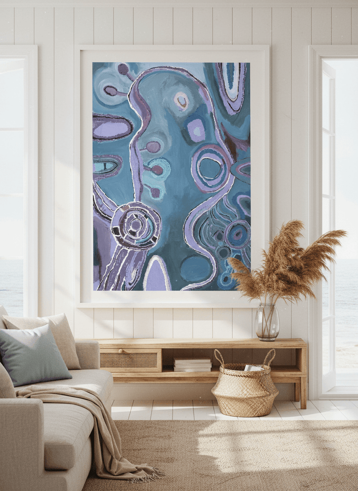 Neutral wall art displayed in a sunny coastal beach house