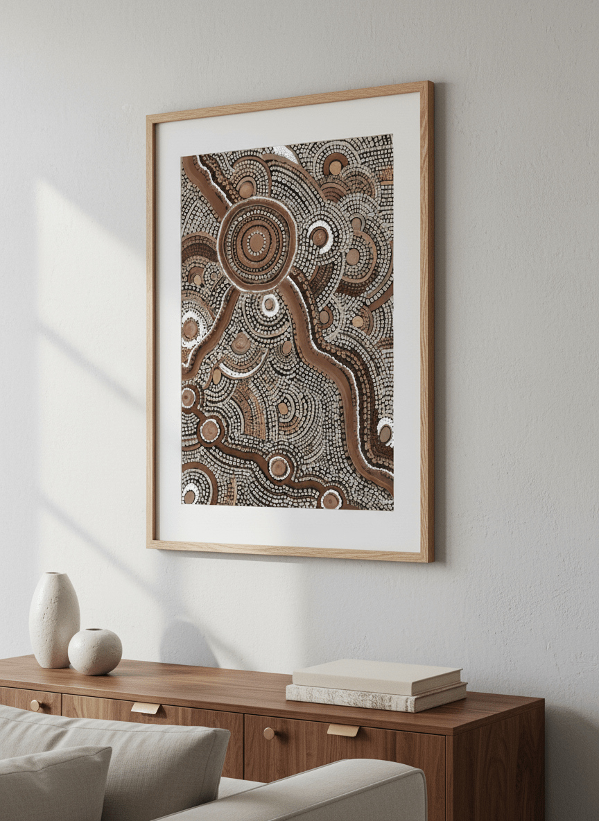 Modern wall art styled above a sofa in a neutral living room