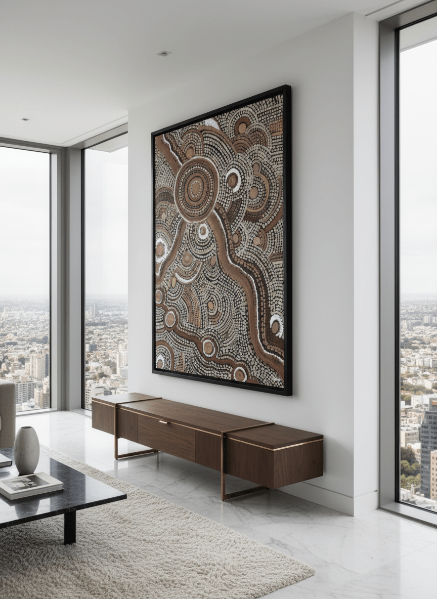 Monumental artwork centred on a feature wall in a luxe interior
