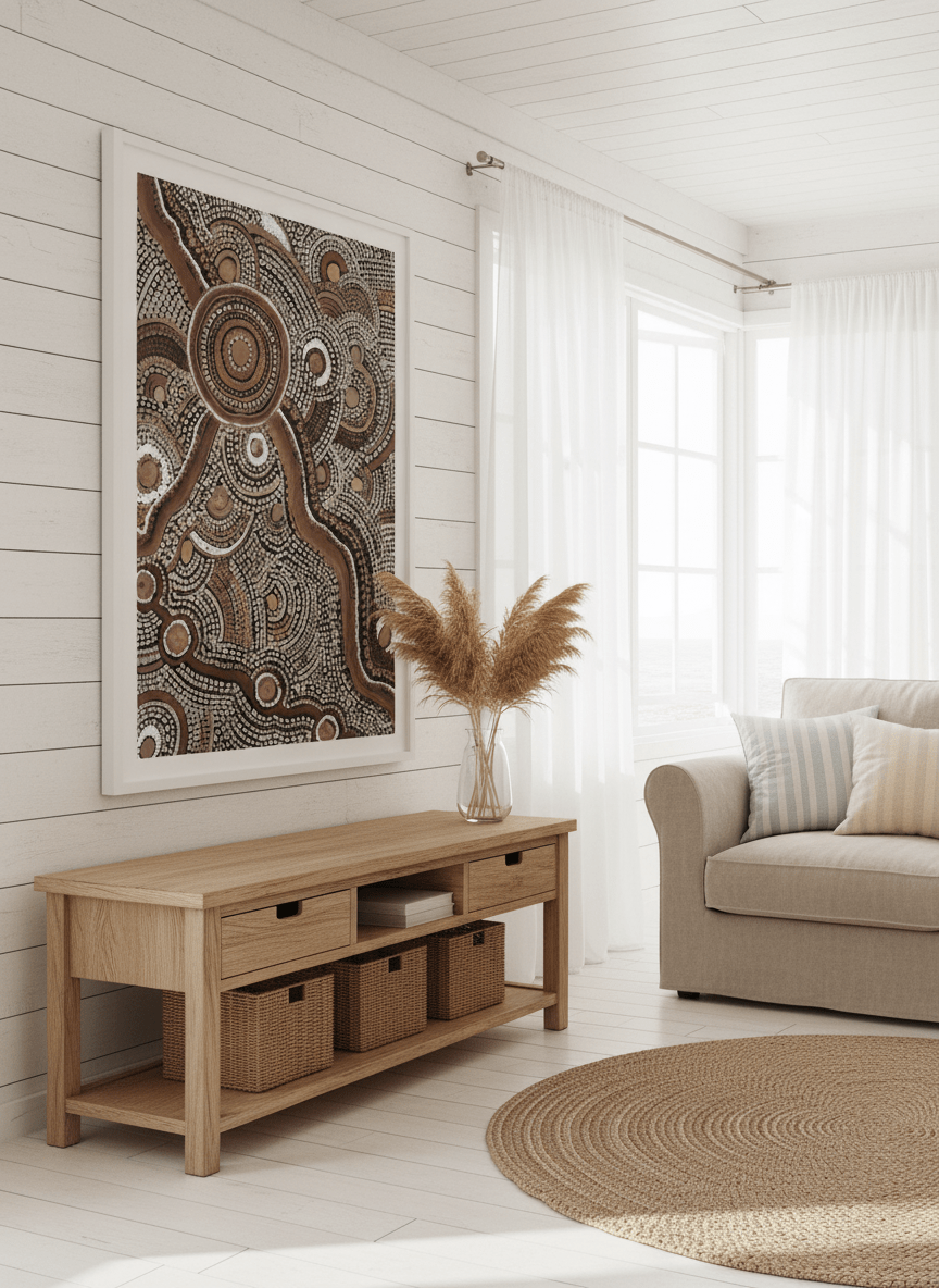 Neutral wall art displayed in a sunny coastal beach house