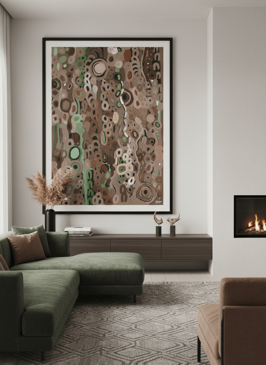 Monumental artwork centred on a feature wall in a luxe interior