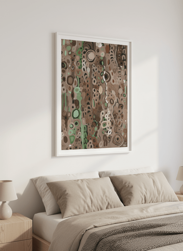 Minimalist artwork displayed in a calm, light-filled bedroom interior