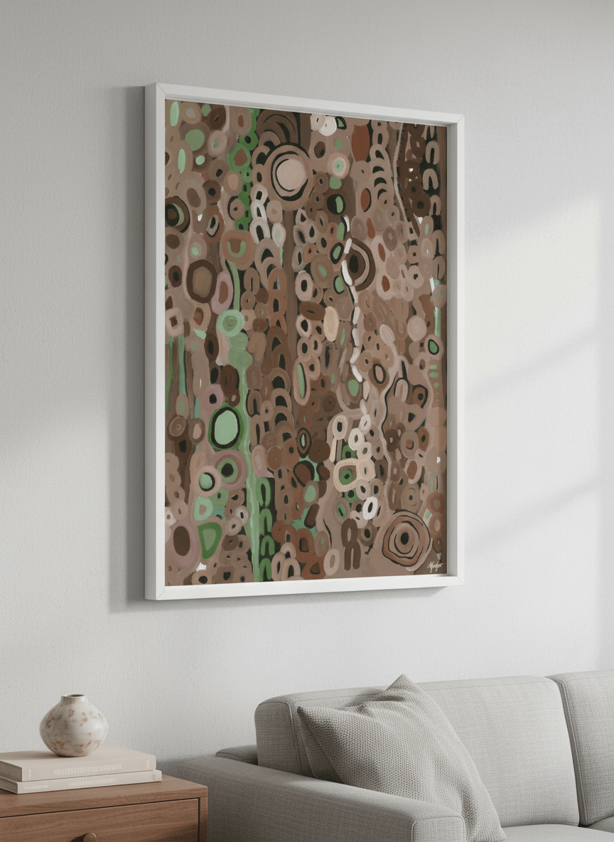 Modern wall art styled above a sofa in a neutral living room