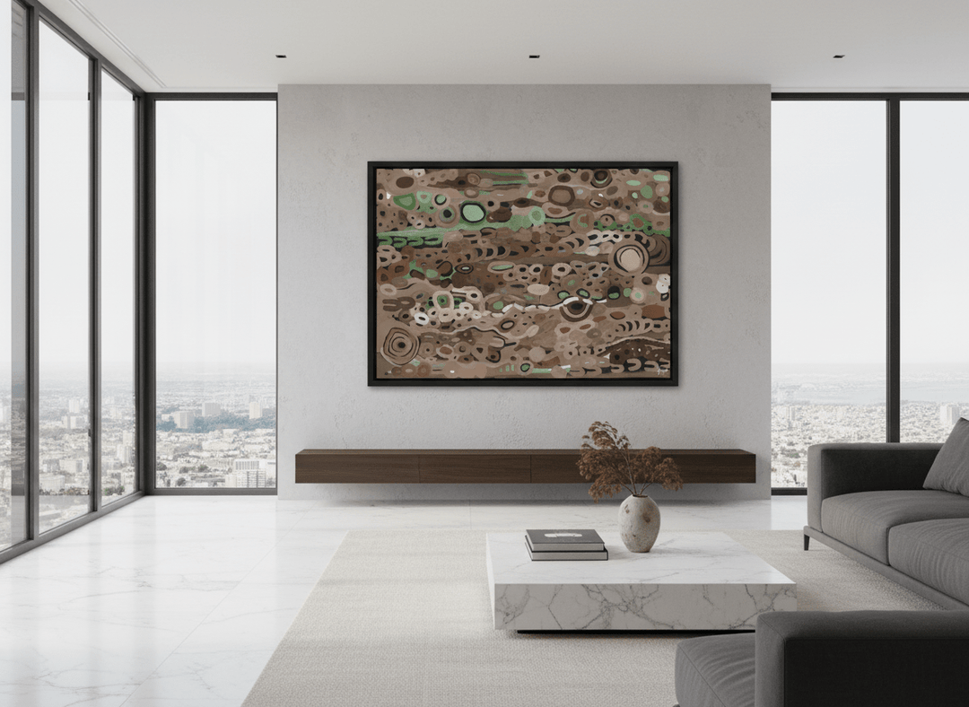 Monumental artwork centred on a feature wall in a luxe interior