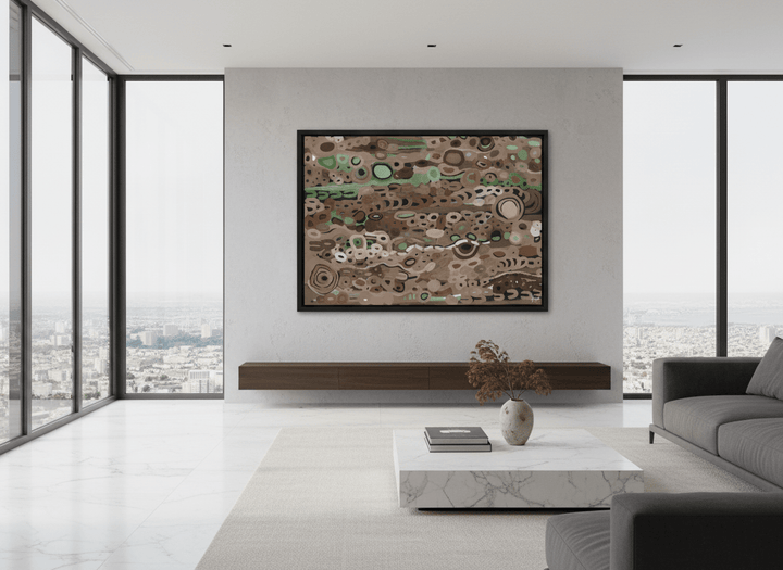Monumental artwork centred on a feature wall in a luxe interior