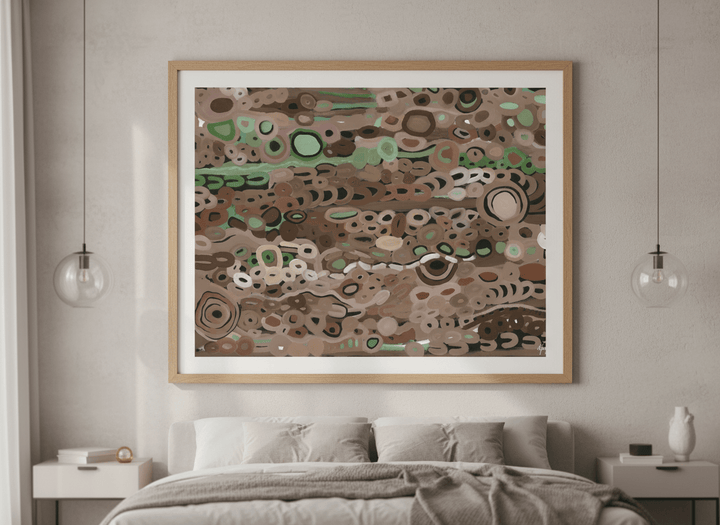 Minimalist artwork displayed in a calm, light-filled bedroom interior