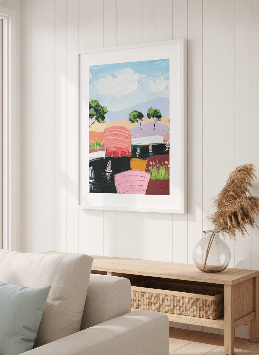 Neutral wall art displayed in a sunny coastal beach house