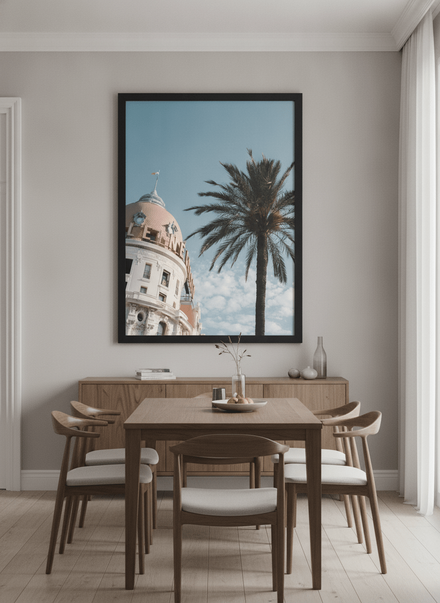 Wall art styled above a dining table in a contemporary home