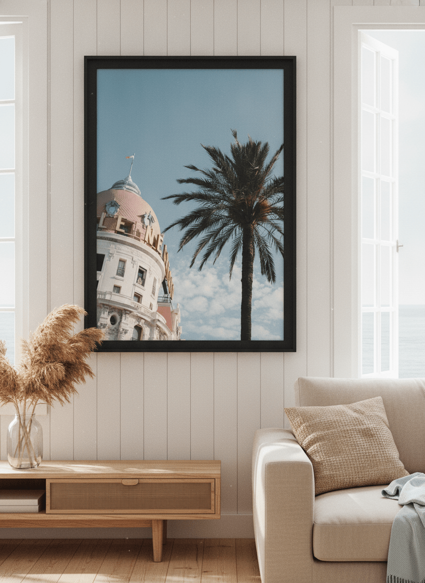 Neutral wall art displayed in a sunny coastal beach house