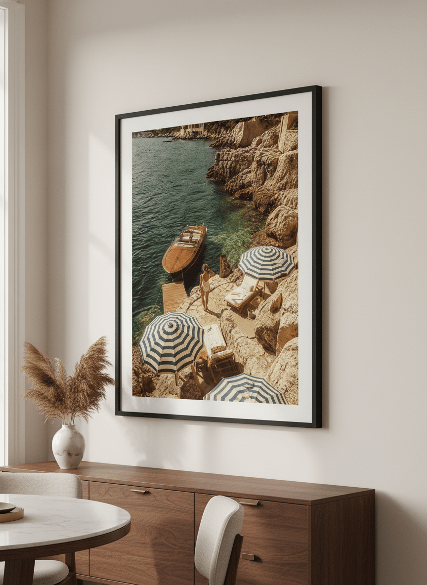 Wall art styled above a dining table in a contemporary home