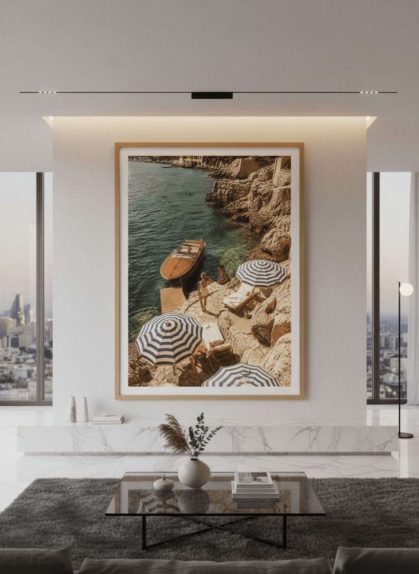 Monumental artwork centred on a feature wall in a luxe interior