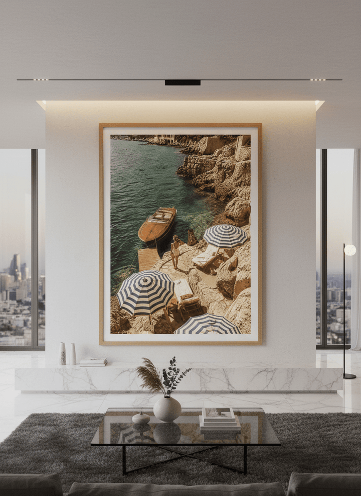 Monumental artwork centred on a feature wall in a luxe interior