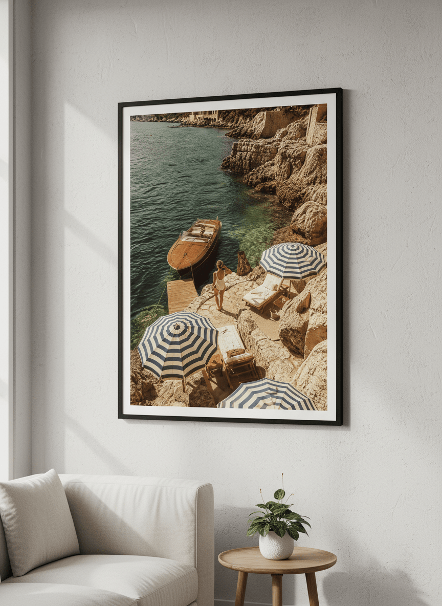 Modern wall art styled above a sofa in a neutral living room