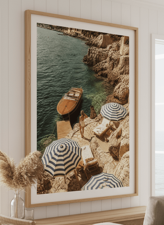 Neutral wall art displayed in a sunny coastal beach house
