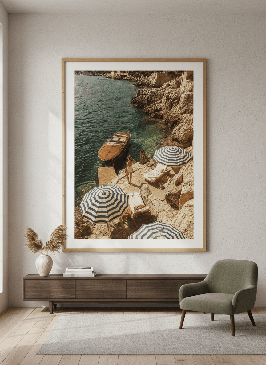 Monumental artwork centred on a feature wall in a luxe interior