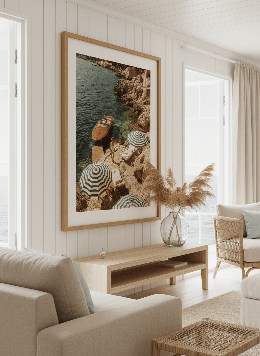 Neutral wall art displayed in a sunny coastal beach house