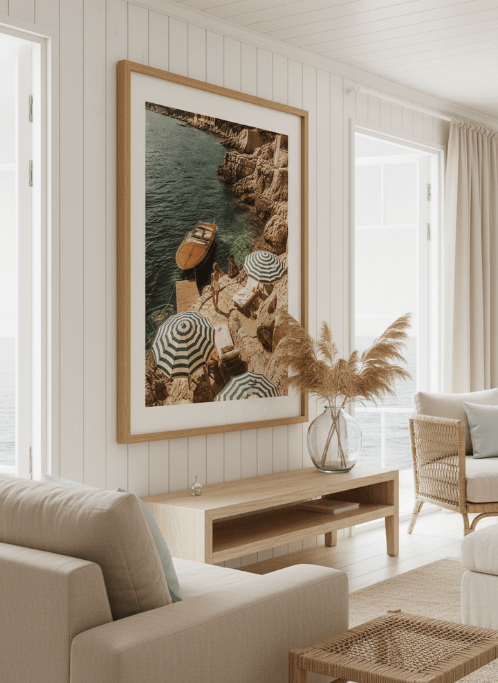 Neutral wall art displayed in a sunny coastal beach house