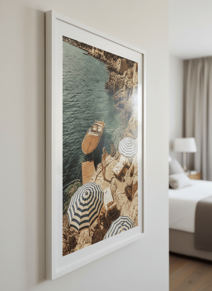 Minimalist artwork displayed in a calm, light-filled bedroom interior