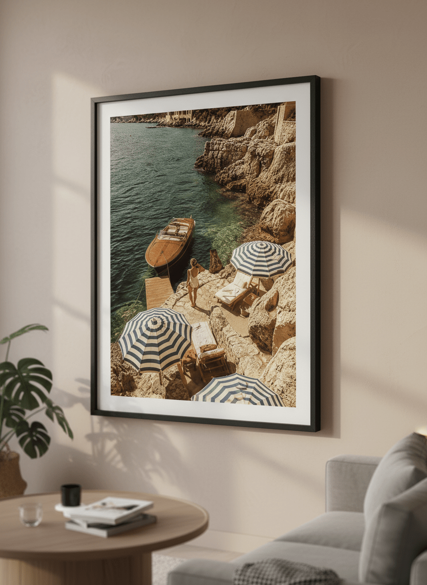 Modern wall art styled above a sofa in a neutral living room