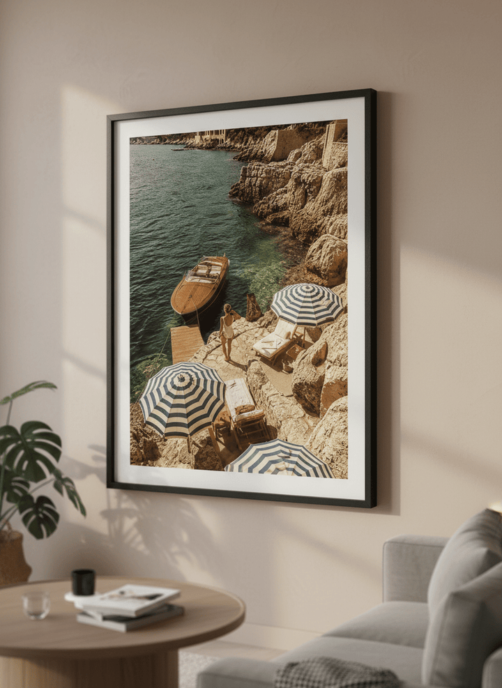Modern wall art styled above a sofa in a neutral living room