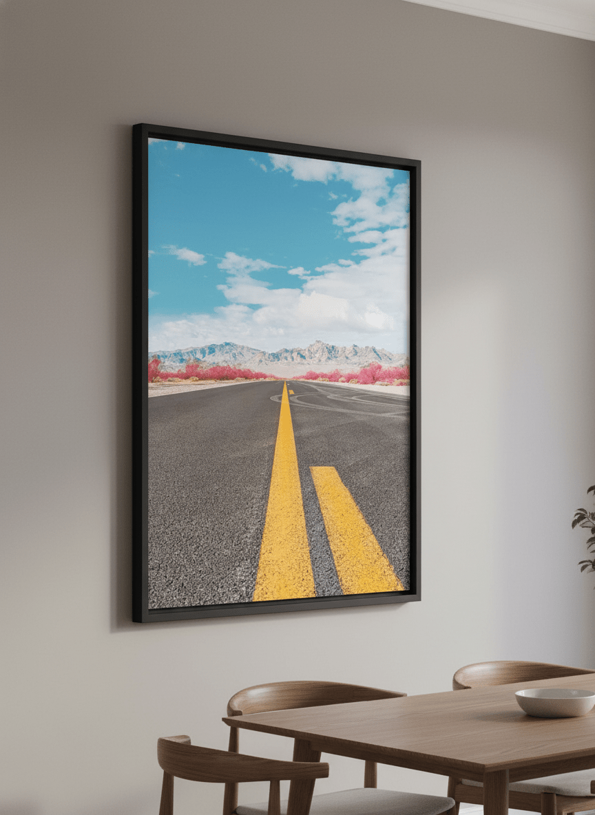 Wall art styled above a dining table in a contemporary home