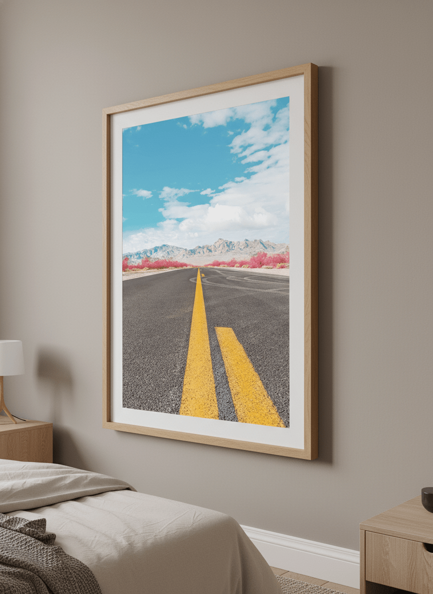 Minimalist artwork displayed in a calm, light-filled bedroom interior