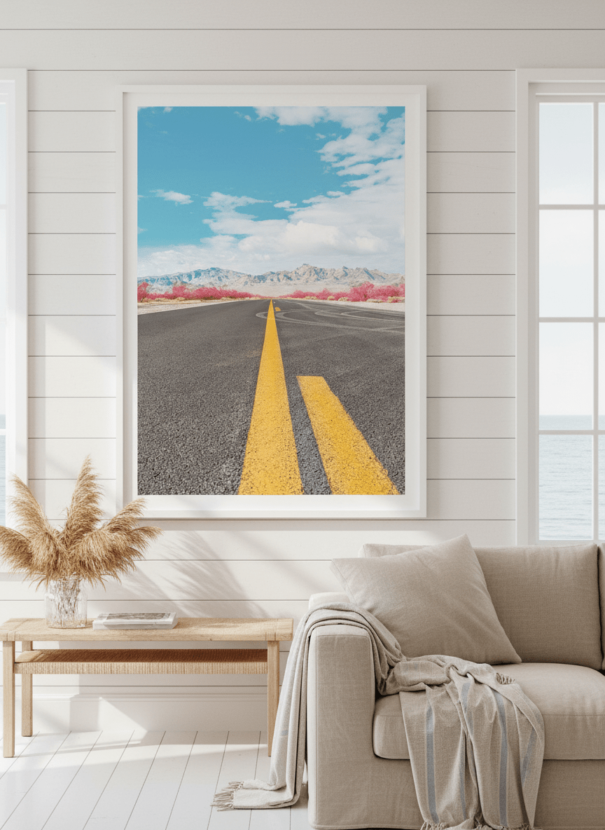 Neutral wall art displayed in a sunny coastal beach house
