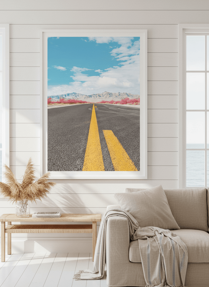 Neutral wall art displayed in a sunny coastal beach house