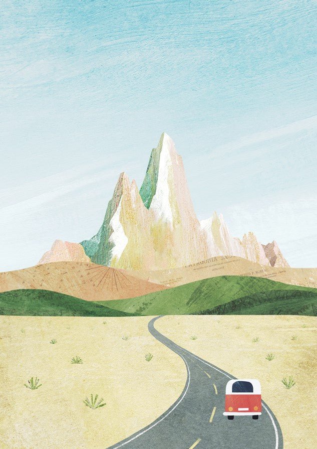 Illustration of a red car on a winding road with a large rock formation in the background. framed