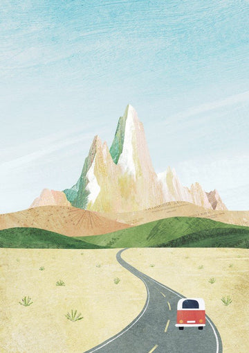 Illustration of a red car on a winding road with a large rock formation in the background. framed