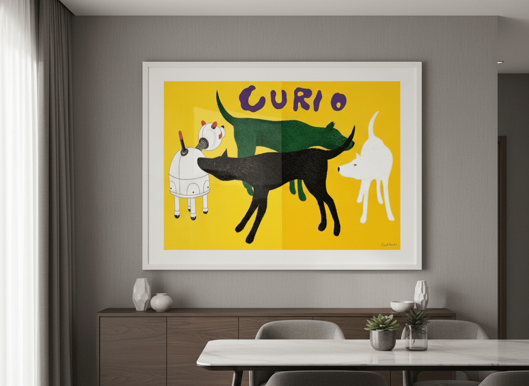 Wall art styled above a dining table in a contemporary home