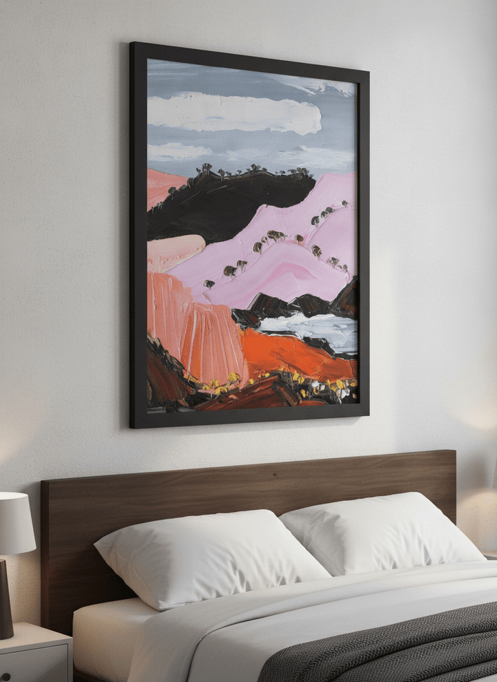 Minimalist artwork displayed in a calm, light-filled bedroom interior