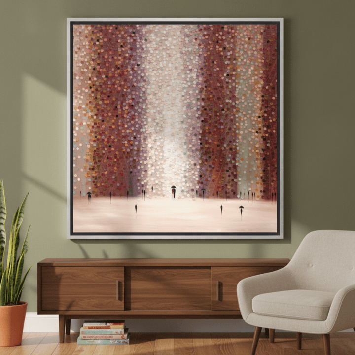 Oversized statement canvas wall art with a silver leaf surround styled on the wall in a mid-century living room