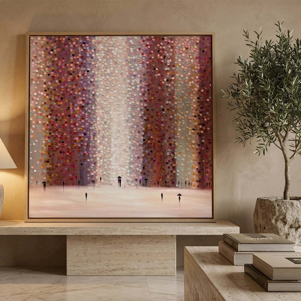 Canvas wall art with a natural timber surround standing on a console in a luxe bedroom