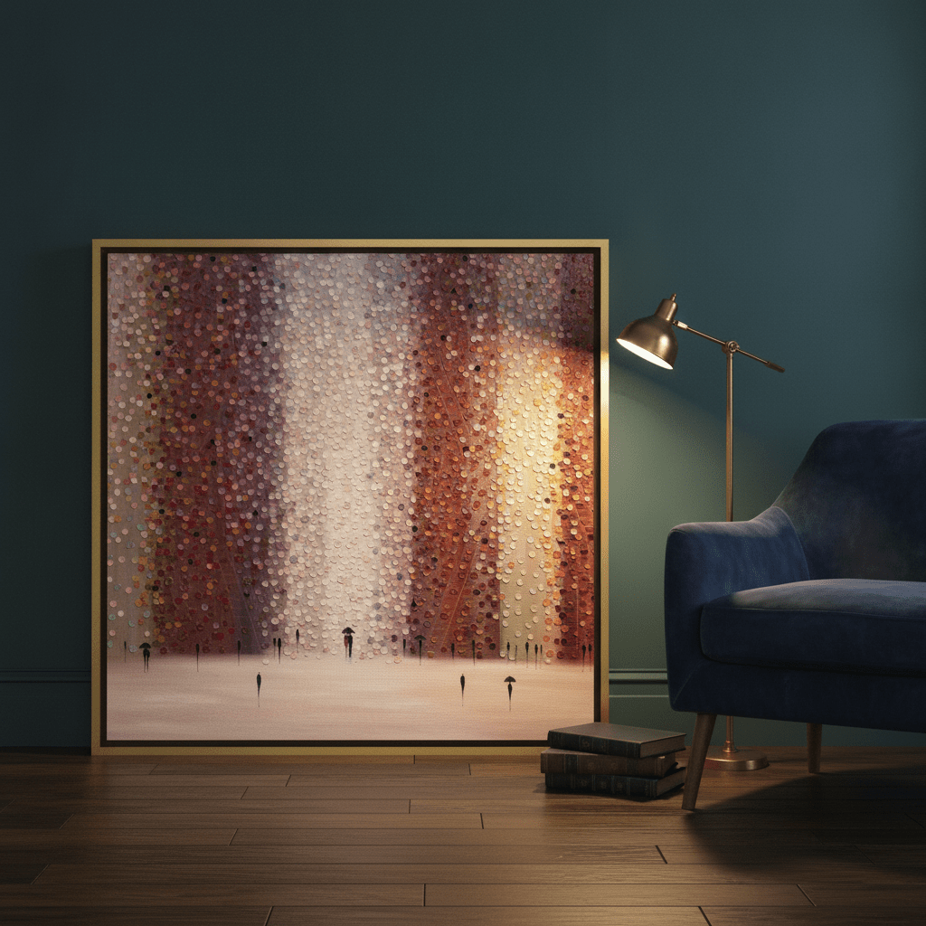 Canvas wall art with a gold leaf surround leaning against the wall in a moody home office