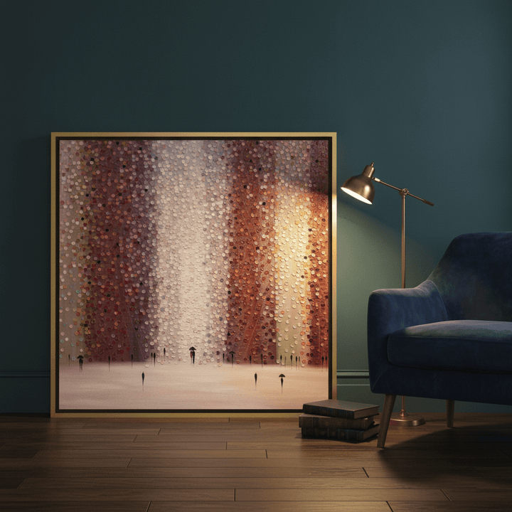 Canvas wall art with a gold leaf surround leaning against the wall in a moody home office
