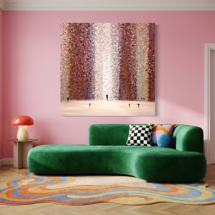 Stretched canvas wall art styled on the wall in a colourful eclectic living room