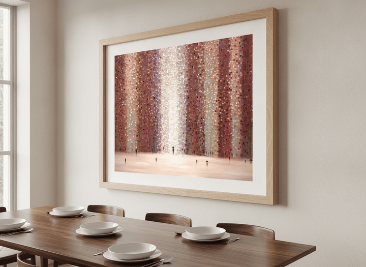 Wall art styled above a dining table in a contemporary home