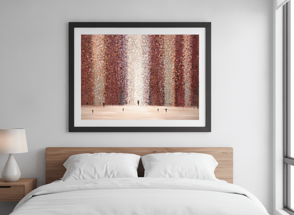 Minimalist artwork displayed in a calm, light-filled bedroom interior