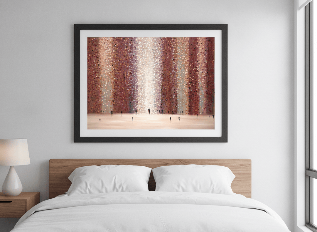 Minimalist artwork displayed in a calm, light-filled bedroom interior