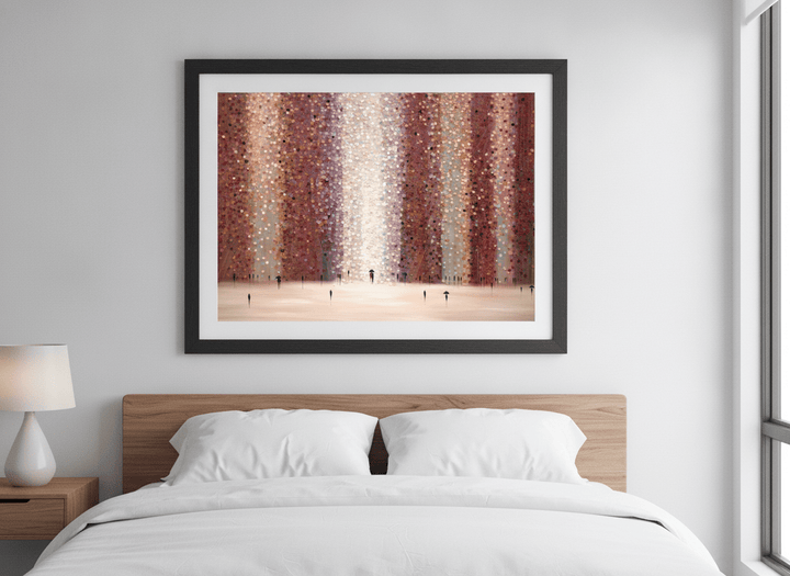 Minimalist artwork displayed in a calm, light-filled bedroom interior